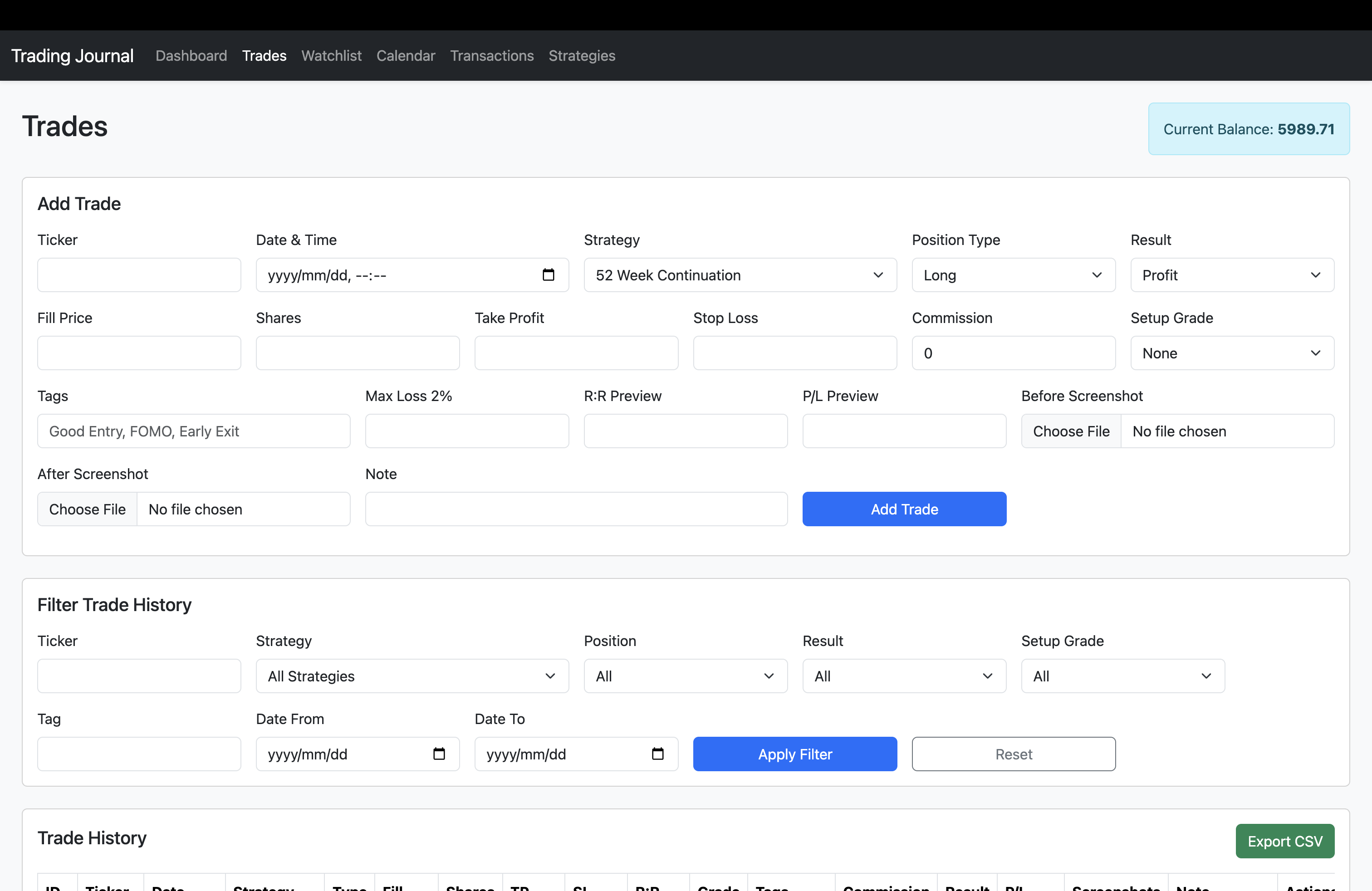 Trading Journal Trade Management Screenshot